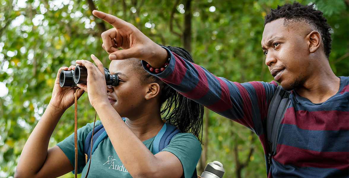 Two people with binoculars bird in a woodsy area. The person on the left looks through their binoculars. The person on the right points at a bird.