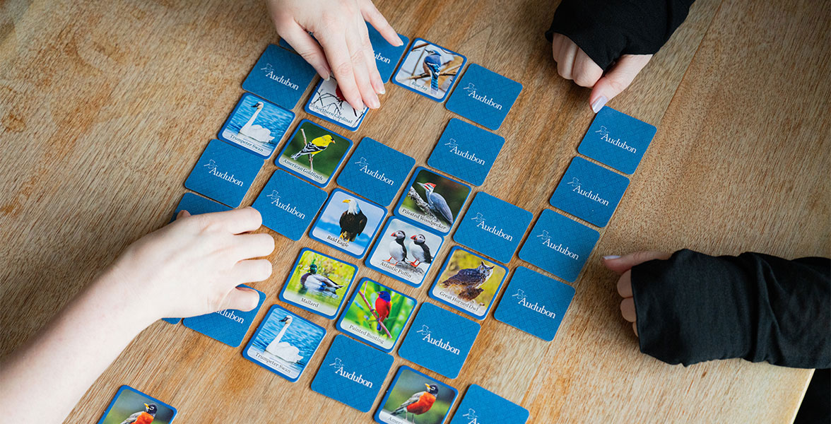 The Audubon Bird Matching game is on a wooden table. Four hands are seen playing with the cards.