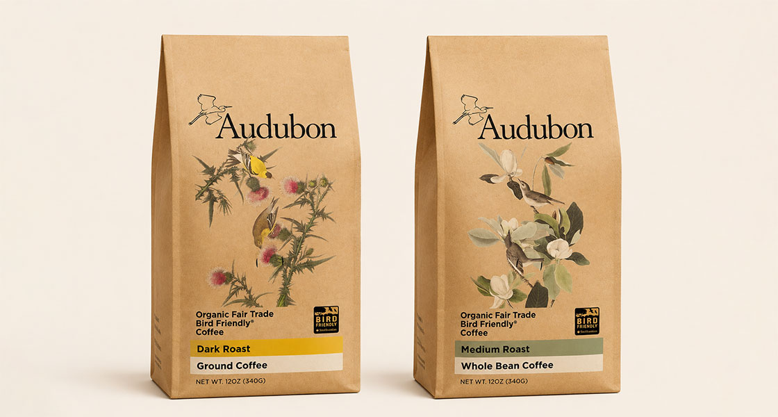 Two bags of Audubon Bird-Friendly Coffee.